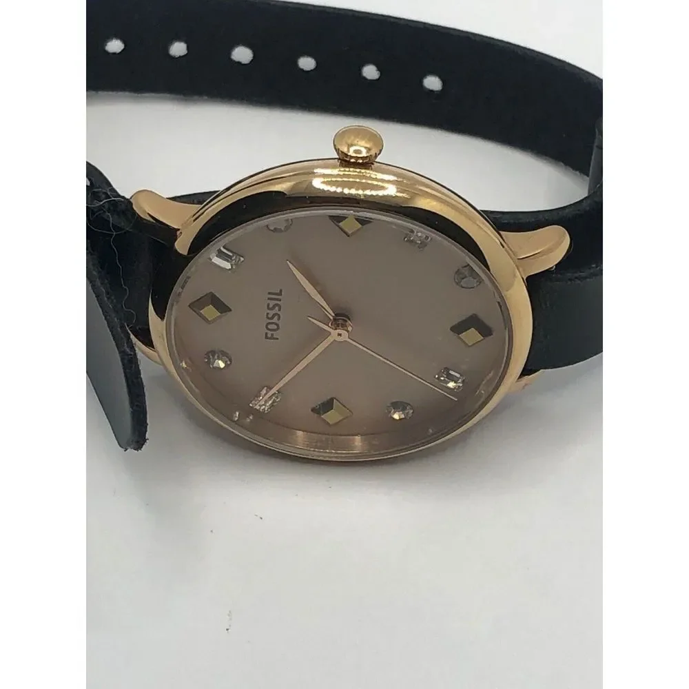 Fossil ES4473 Women's Black Leather Analog Pink Dial Quartz Genuine Watch OP66